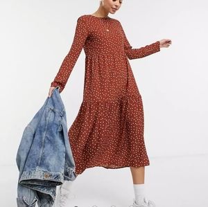ASOS DESIGN Tall long sleeve tiered smock midi dress in rust spot